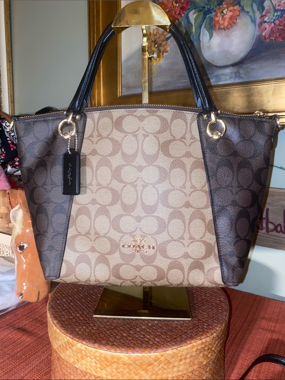 COACH Kacey Satchel Bag In Blocked Signature Canvas & Leather Khaki Brown C6838